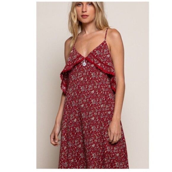 𝅺floral Ruffle Maxi Dress Featuring Red Base Print - Picture 9 of 16